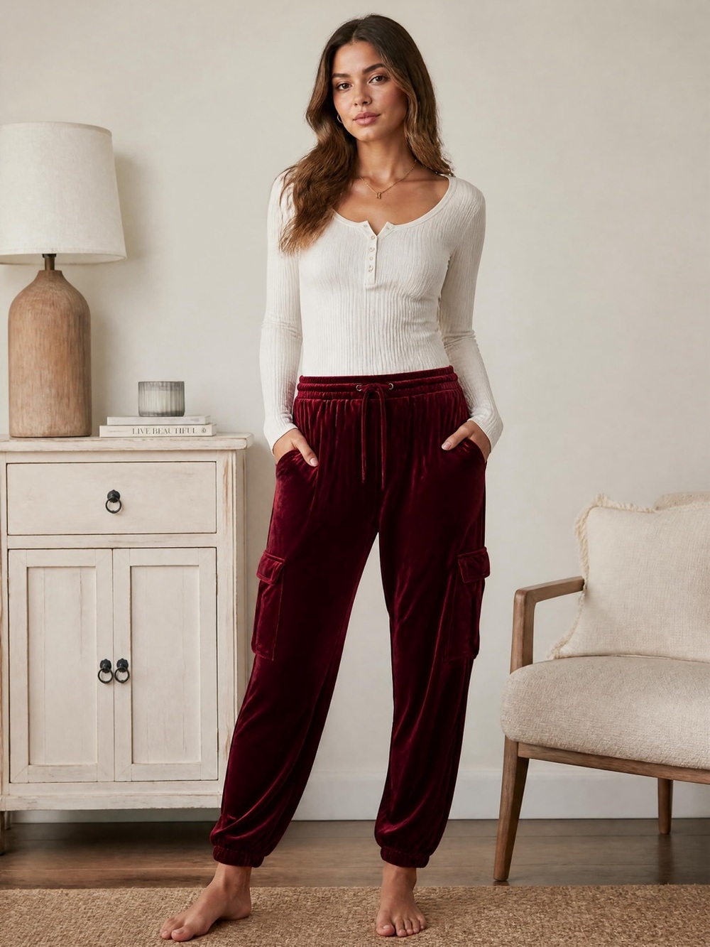 Velvet Cargo Joggers in Deep Wine